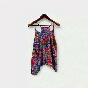 Love Blossom Boho Festival Split Hem Open Back Flowy Mini Pom Pom Top Size L
